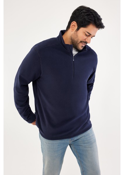 Erkek Lacivert Anti-pilling Tüylenme Yapmayan Standart Fit Bato Yaka Soğuk Geçirmez Polar Sweatshirt