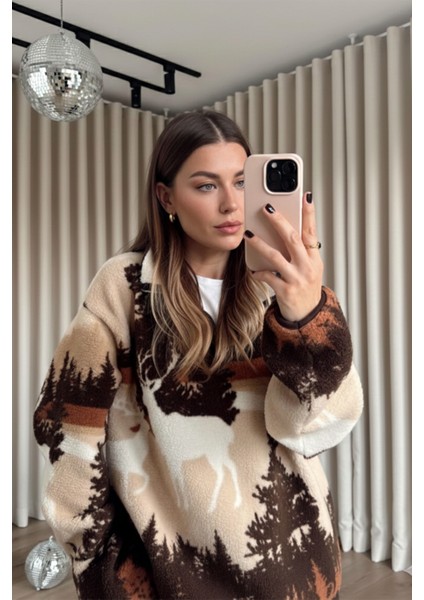 Yarım Fermuarlı Oversize Geyik Model Peluş Sweatshirt