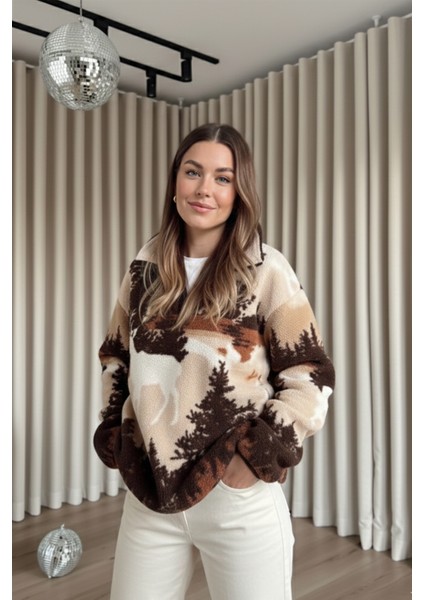 Yarım Fermuarlı Oversize Geyik Model Peluş Sweatshirt fiyatları