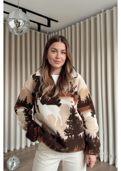 Yarım Fermuarlı Oversize Geyik Model Peluş Sweatshirt modelleri