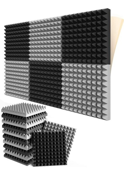 12 Paket Kendinden Yapışkan Ses Geçirmez Köpük Panelleri 2X12X12 Inç Piramit Tasarım Akustik Köpük Ev Stüdyosu Siyah + Gri (Yurt Dışından)