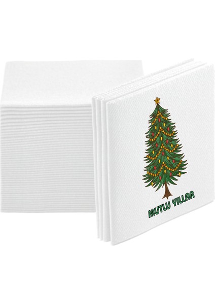 Kumaş Dokulu Çam Ağacı Baskılı Mutlu Yıllar Baskılı Beyaz Peçete 12'li