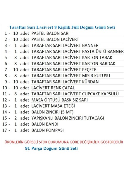 Taraftar Fenerbahçe Sarı Lacivert 8 Kişilik Full Doğum Günü Seti fiyatları