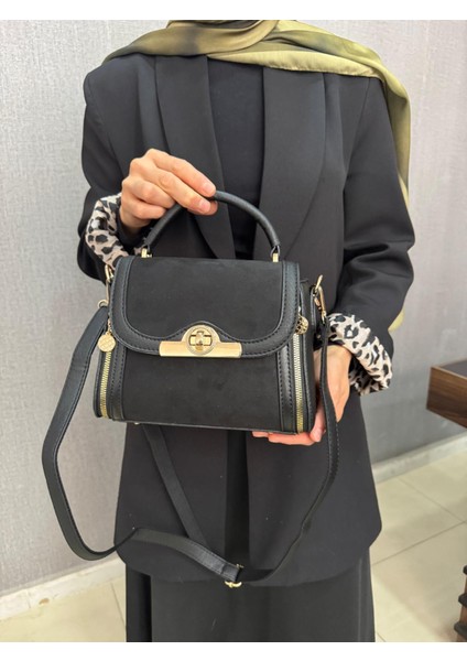 , Fermuar ve Kilit Detaylı , Şık ve Günlük ,kadın Siyah Süet El Çantası ve Bayan Çapraz Çantası