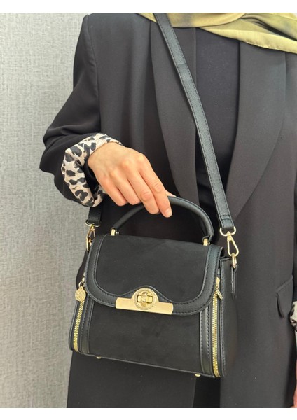 , Fermuar ve Kilit Detaylı , Şık ve Günlük ,kadın Siyah Süet El Çantası ve Bayan Çapraz Çantası fiyatları