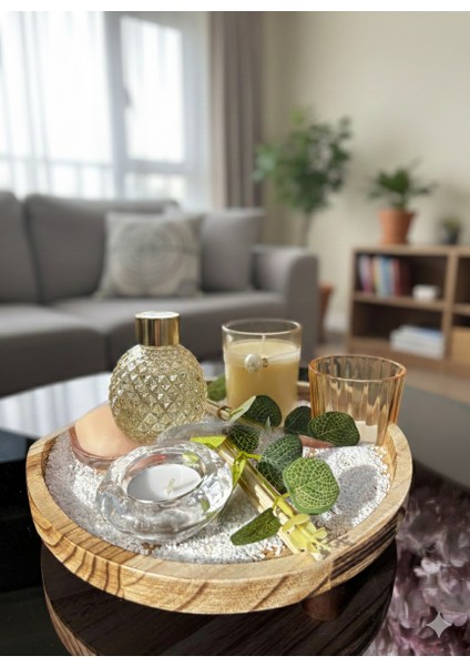 Pembe ve Gold Dekoratif Cam Mum ve Oda Kokusu Seti – Ahşap Tepsili Şık Ev Dekor Seti modelleri
