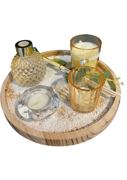 Pembe ve Gold Dekoratif Cam Mum ve Oda Kokusu Seti – Ahşap Tepsili Şık Ev Dekor Seti fırsatları