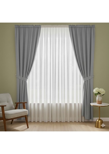 Ekonomik Perde Seti | 2 Adet Fon Perde Büzgülü (150X260) + 2 Adet Fon Perde Bağı + 1 Adet Sık Pileli Tül PERDE(300X260) | Ekru-Yıkama Torbası ve Stoper Kilit Hediyeli