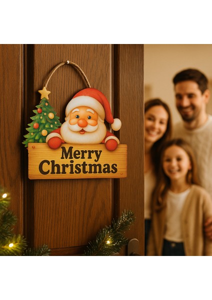 Noel Baba Temalı Ahşap Merry Christmas Kapı Süsü – Yılbaşı Dekoru