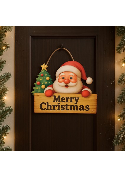 Noel Baba Temalı Ahşap Merry Christmas Kapı Süsü – Yılbaşı Dekoru fırsatları