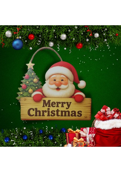 Noel Baba Temalı Ahşap Merry Christmas Kapı Süsü – Yılbaşı Dekoru