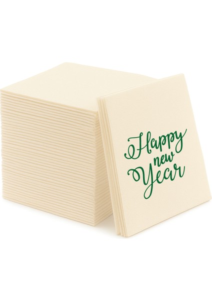 Kumaş Dokulu Bej Happy New Year Baskılı Peçete 12'li