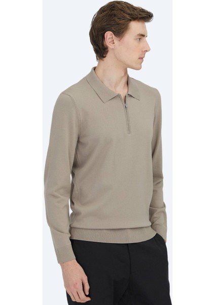 Açık Vizon Polo Yaka Düz Örgü Triko Kazak