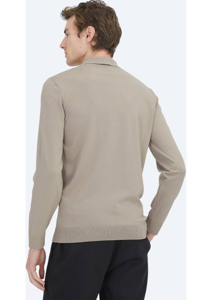 Açık Vizon Polo Yaka Düz Örgü Triko Kazak