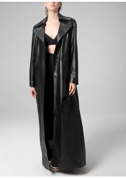 kadın uzun hakiki deri trençkot kaban