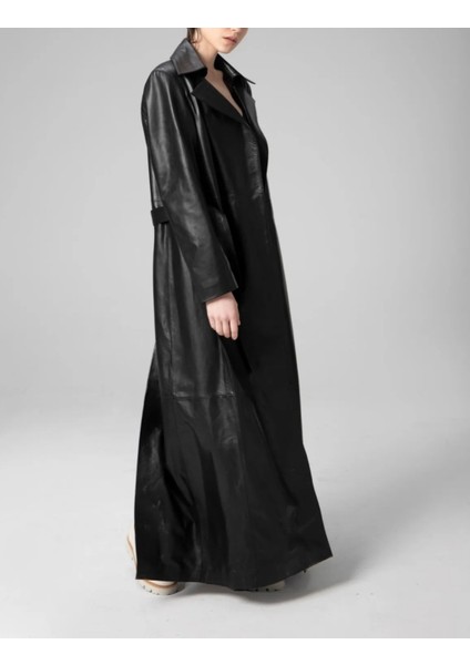 kadın uzun hakiki deri trençkot kaban