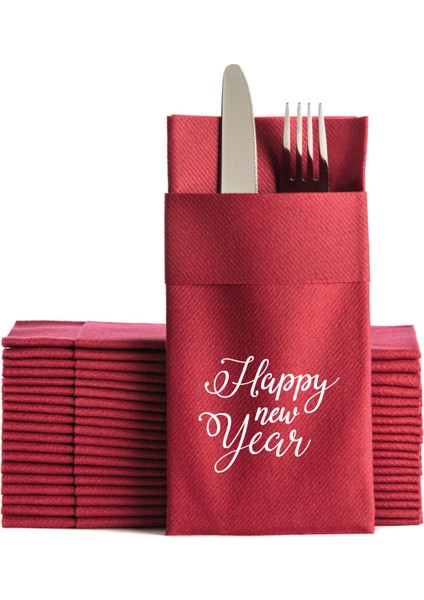 Kumaş Dokulu Happy New Year Baskılı Bordo Cepli Peçete 6'lı