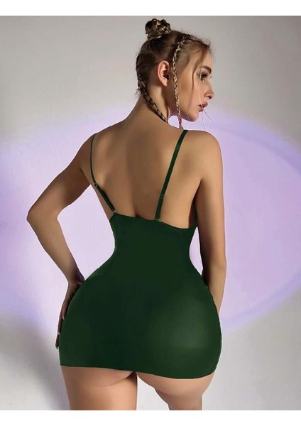 Yeşil Göğüs Dekolteli Fantezi Lame Deri Elbise fiyatları