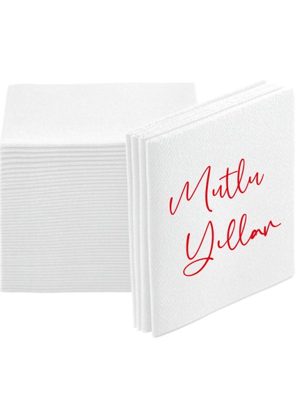 Kumaş Dokulu Kırmızı Mutlu Yıllar Baskılı Beyaz Peçete 12'li