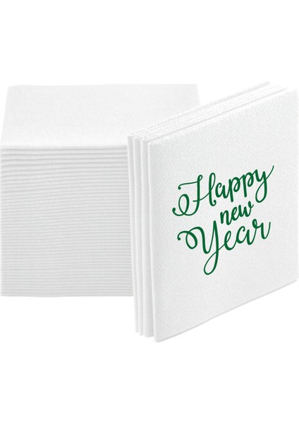 Kumaş Dokulu Yeşil Happy New Year Baskılı Beyaz Peçete 12'li
