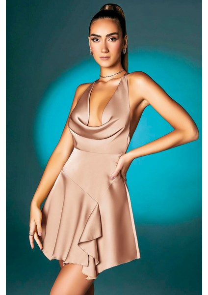 Somon Askılı Degajeli Fantezi Mini Elbise