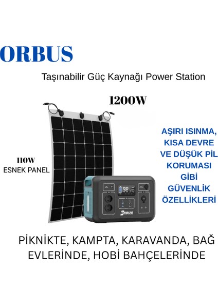 1200W Taşınabilir Güç Kaynağı Power STATION+110 Watt Esnek Güneş Paneli