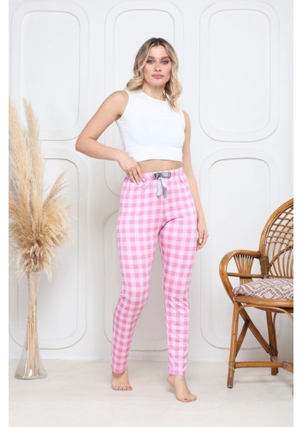 Viskon Likralı Alt Pijama Ekıse Pembe Baskı Desenli Q6018