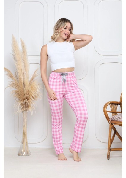 Viskon Likralı Alt Pijama Ekıse Pembe Baskı Desenli Q6018 modelleri