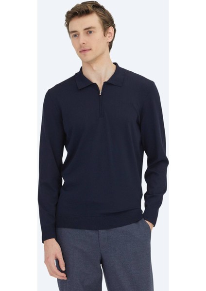 Lacivert Polo Yaka Düz Örgü Triko Kazak