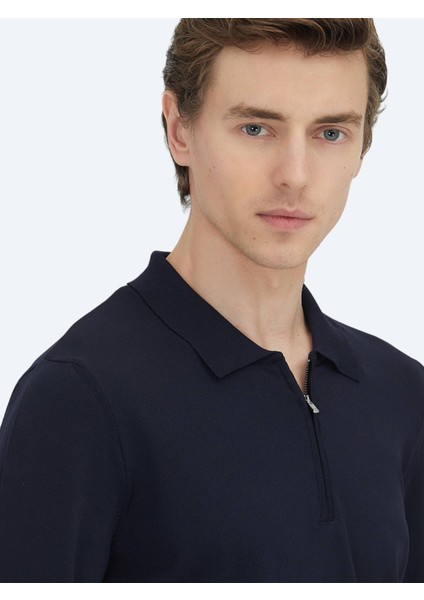 Lacivert Polo Yaka Düz Örgü Triko Kazak modelleri