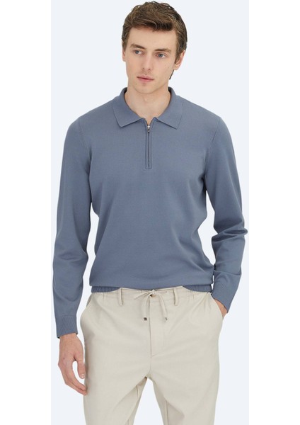 Havacı Mavi Polo Yaka Düz Örgü Triko Kazak