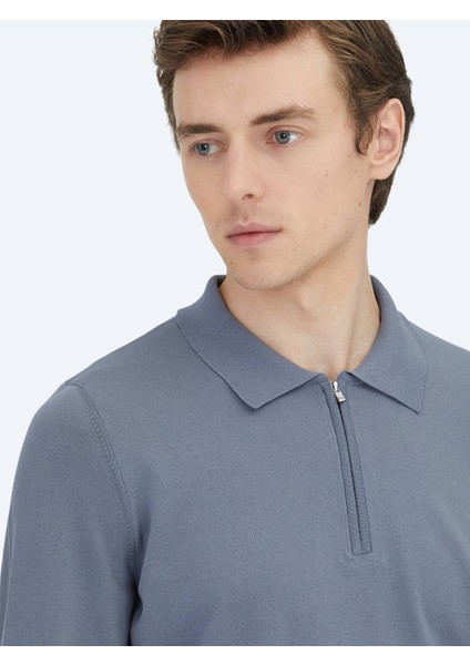 Havacı Mavi Polo Yaka Düz Örgü Triko Kazak modelleri