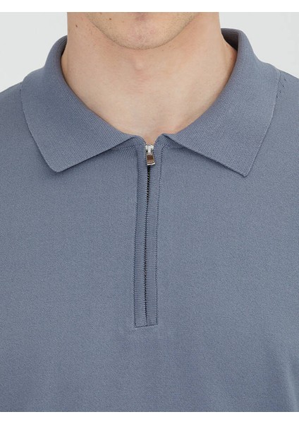 Havacı Mavi Polo Yaka Düz Örgü Triko Kazak fırsatları