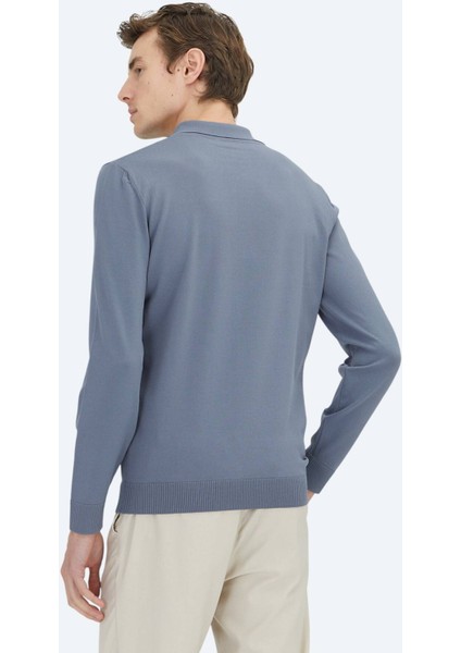 Havacı Mavi Polo Yaka Düz Örgü Triko Kazak indirimleri