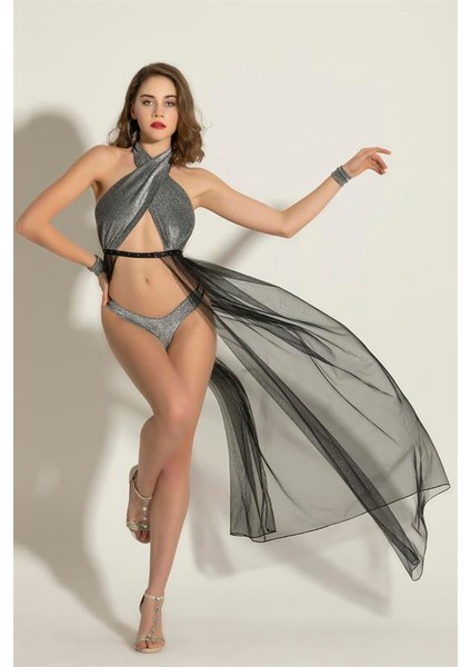 Fantezi Simli Elbise, String Takım Siyah/gümüş (BRF6062)