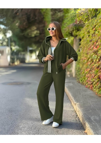 Kadın Uzun Kollu Kapşonlu Onu Şerit Detaylı Fermuarlı Viskon Iki Iplik Bluz ve Pantolon Ikili Takım fiyatları