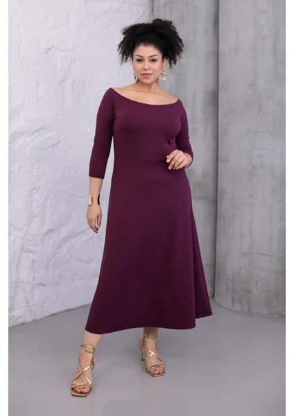 Kadın Mor Kayık Yaka Truvakar Kol Kuplu Büyük Beden Esnek Elbise