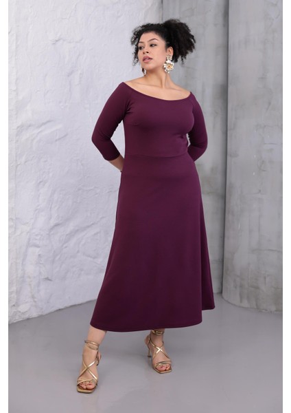 Kadın Mor Kayık Yaka Truvakar Kol Kuplu Büyük Beden Esnek Elbise fiyatları