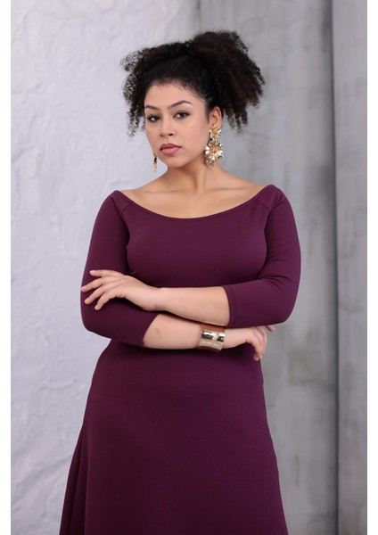 Kadın Mor Kayık Yaka Truvakar Kol Kuplu Büyük Beden Esnek Elbise fırsatları