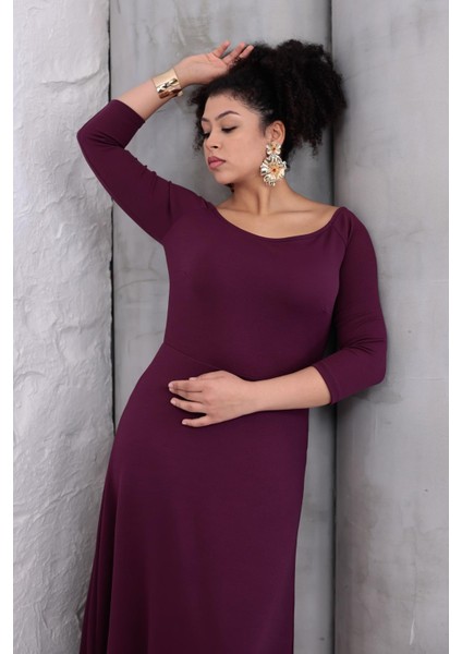 Kadın Mor Kayık Yaka Truvakar Kol Kuplu Büyük Beden Esnek Elbise indirimleri