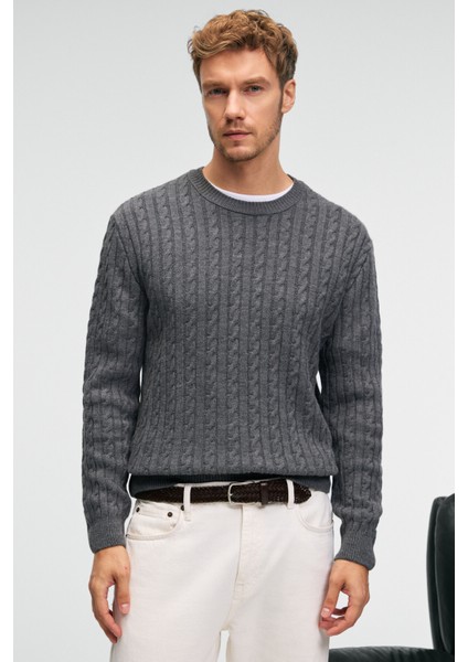 VINTLACE Erkek Yuvarlak Yaka Saç Örgü Desenli Regular Fit Triko Antrasit Kazak fiyatları