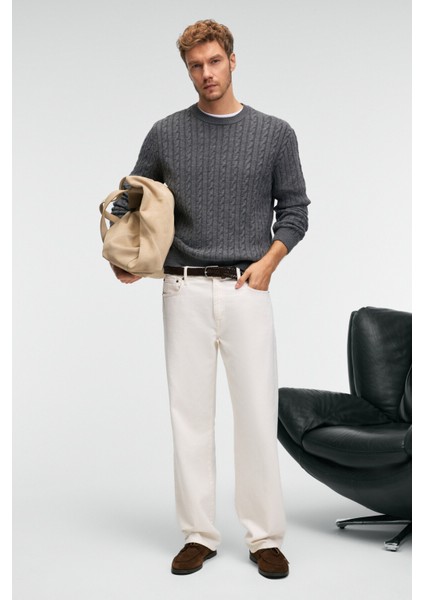 VINTLACE Erkek Yuvarlak Yaka Saç Örgü Desenli Regular Fit Triko Antrasit Kazak fırsatları