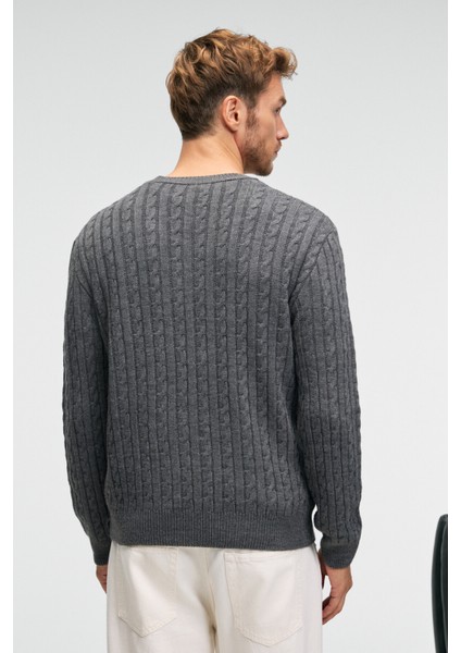 VINTLACE Erkek Yuvarlak Yaka Saç Örgü Desenli Regular Fit Triko Antrasit Kazak indirimleri