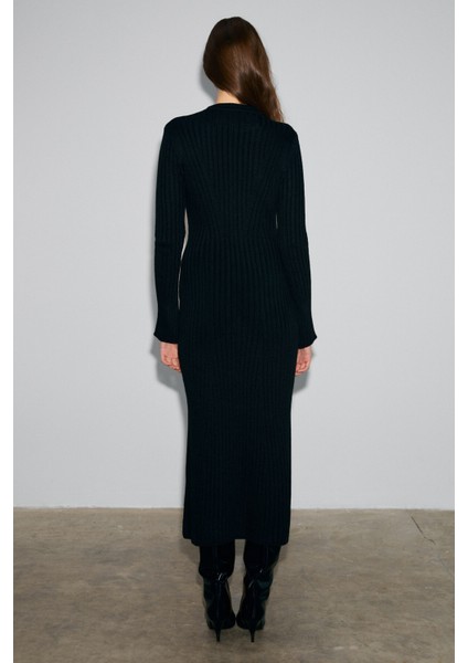 DUENDE Kadın Yuvarlak Yaka Çizgi Desenli Slim Fit Triko Siyah Elbise