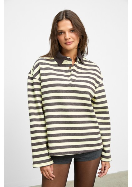 MUSE Kadın Çizgili Triko Polo Yakalı Regular Fit Sarı Sweatshirt fiyatları