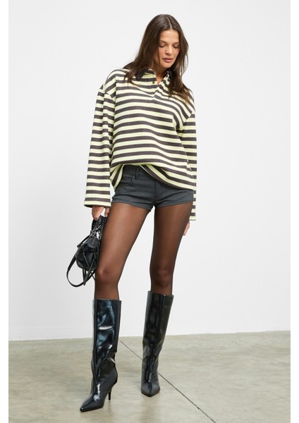 MUSE Kadın Çizgili Triko Polo Yakalı Regular Fit Sarı Sweatshirt modelleri