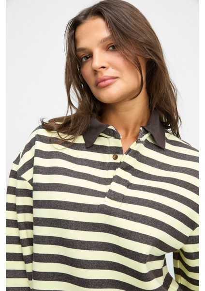 MUSE Kadın Çizgili Triko Polo Yakalı Regular Fit Sarı Sweatshirt fırsatları