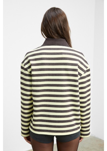 MUSE Kadın Çizgili Triko Polo Yakalı Regular Fit Sarı Sweatshirt indirimleri