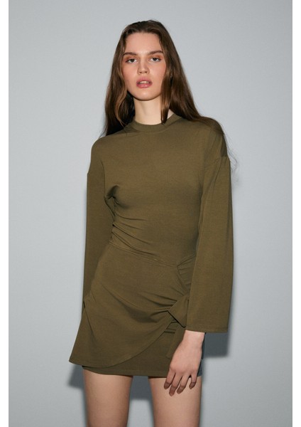 SEVLEY Kadın Yumuşak Ve Esnek Kumaşlı Yuvarlak Yakalı Bağlama Detaylı Mini Haki Elbise modelleri