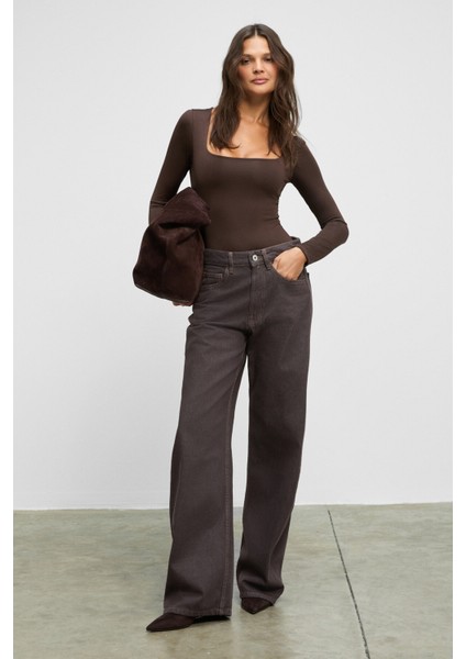 ZAFEEA Kadın Kare Yakalı Esnek Kumaşlı Çıtçıtlı Koyu Kahverengi Bluz